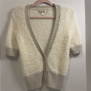 Decree Furry Cropped Cardigan Sweater Cream Gold Metallic Trim Junior Sz Large